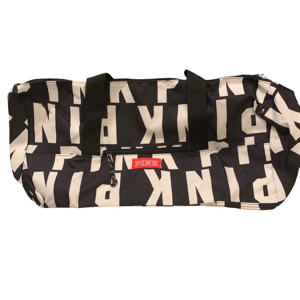 PINK Victoria's Secret PINK all over Logo in Black White Duffle Tote Gym bag - Picture 2 of 6